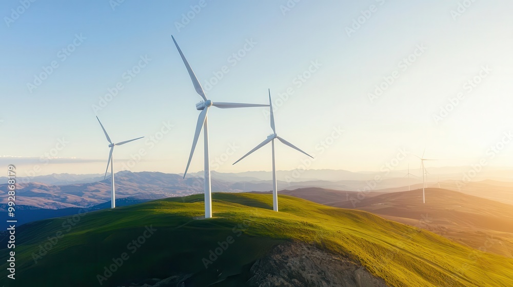 Obraz premium Wind turbines on a green hill against a sunset, showing eco-friendly energy