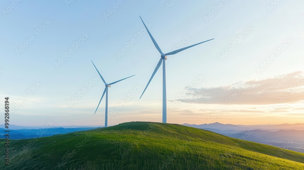 Wind turbines on a green hill against a sunset, showing eco-friendly energy version2 Wind turbines on a green hill against a sunset, showing eco-friendly energy version2