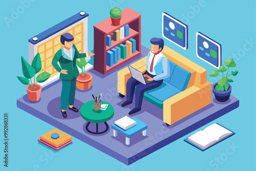 A psychologist conducts a session with a client in a cozy office decorated with plants and bookshelves, Customizable isometric illustration of a psychologist.