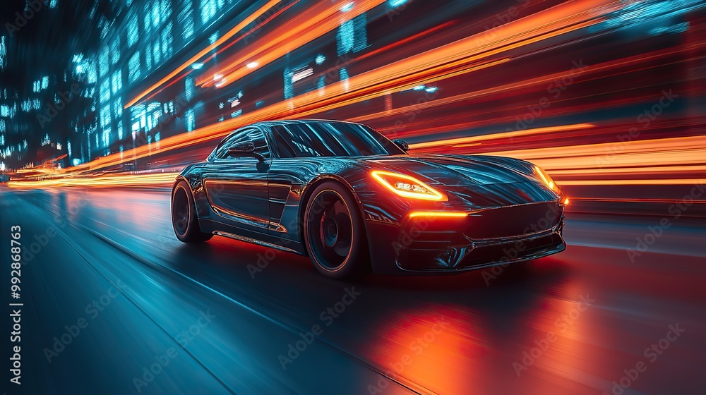 Naklejka premium A high-speed technology background with motion blur emphasizes the rapid advancements in electric vehicle technology.