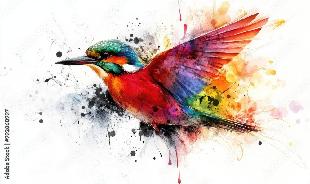 Obraz premium Colorful bird illustrations created using watercolor oil and fractal techniques against a contrasting black and white backdrop