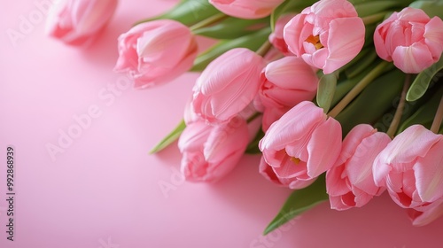 Pink flowers background, bouquet of tulips on a soft pink background, holiday concept, wedding, birthday, Women's Day, Mother's Day, Valentine's Day.