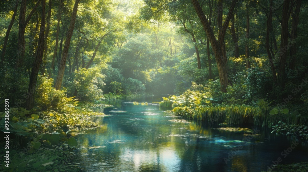 Obraz premium A forest with a river running through it