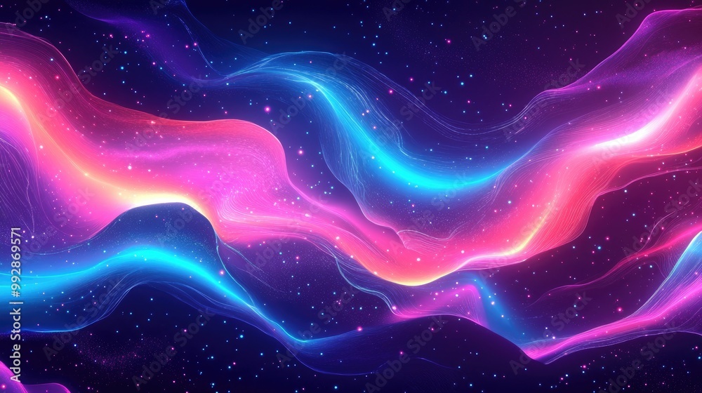 Neon glowing waves magical energy and dynamic light motion create a vibrant backdrop 2D cartoon style wallpaper template