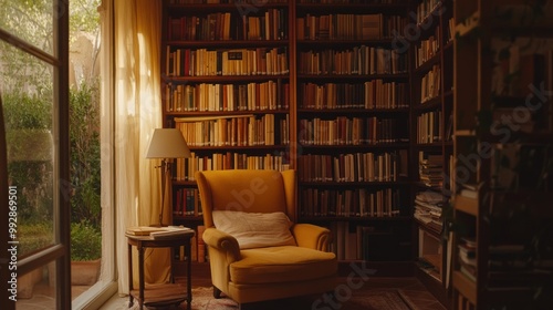 Cozy reading nook with a yellow armchair, bookshelves, and warm natural light.