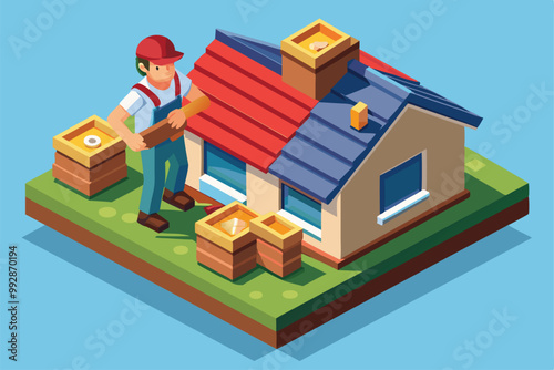 A roofer installs tiles on a house with a red and blue roof while surrounded by tools and materials, Customizable isometric illustration of a roofer.