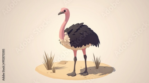 A stylized illustration of an ostrich standing on a sandy surface with sparse vegetation. photo