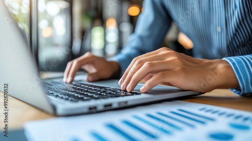 A person typing on a laptop with graphs on a table, indicating work or analysis.