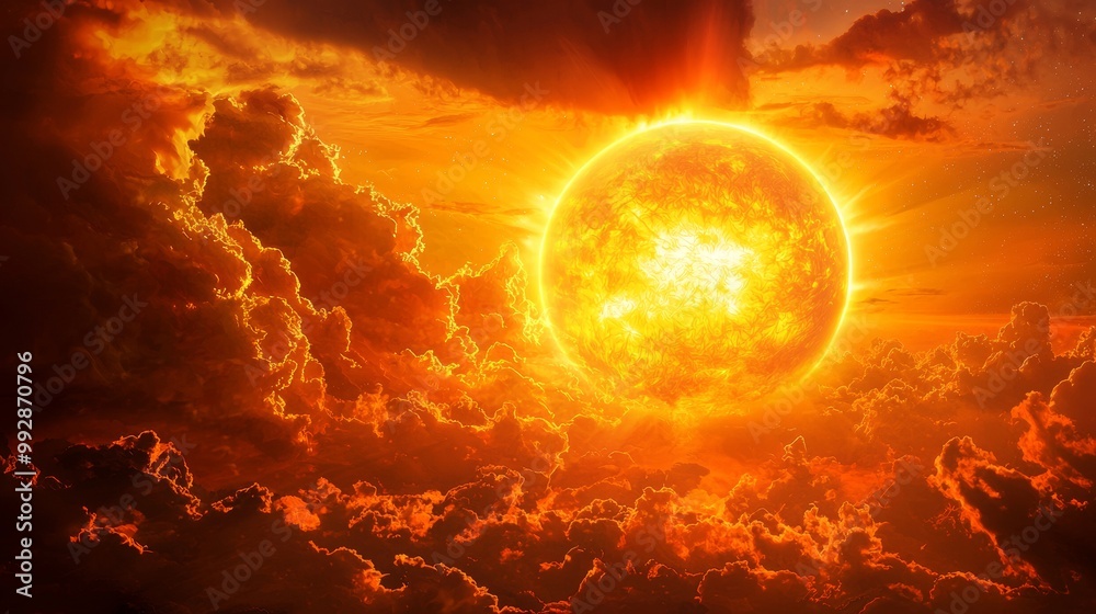 Fototapeta premium Fiery landscape with massive sun and glowing clouds