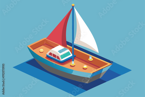 A vibrant isometric sailboat features red and white sails, peacefully floating on calm blue water, Customizable isometric illustration of a sail boat