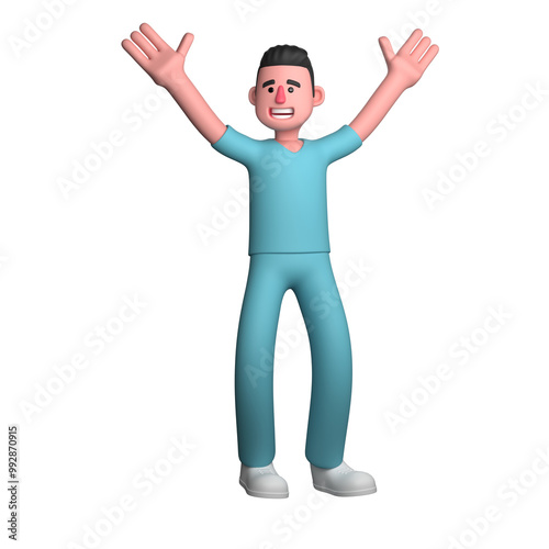 Male Nurse in Medical Setting. A male nurse is standing with both hands raised high as if he is happy or celebrating a victory. 3D Character