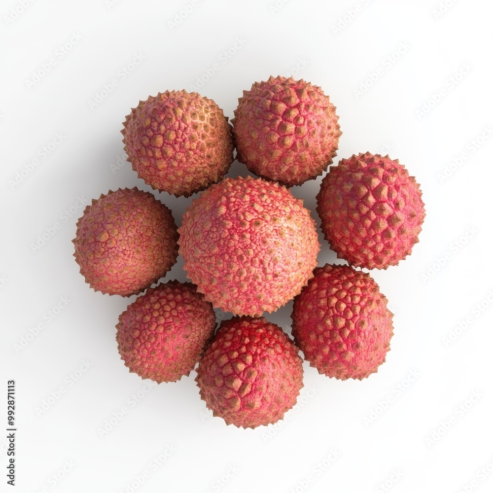 A cluster of lychee fruits with textured, red skin arranged in a circular pattern. A cluster of lychee fruits with textured, red skin arranged in a circular pattern.