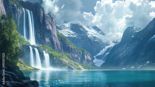 Fototapeta Naklejka Na Ścianę i Meble -  A beautiful mountain range with a waterfall and a lake