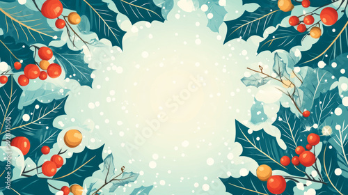 A vibrant background featuring holly leaves and red berries captures the festive spirit of Christmas and New Year, perfect for holiday greetings and celebrations