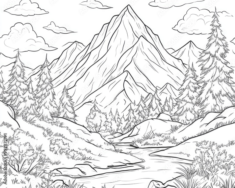Fototapeta Fantasy coloring book featuring a 2D cartoon mountain for children