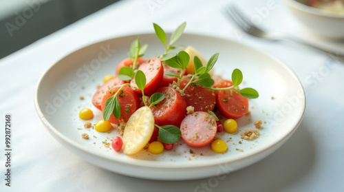 A vibrant salad showcases fresh tomatoes, yellow corn, and scattered herbs on a white plate, beautifully arranged in a bright indoor environment