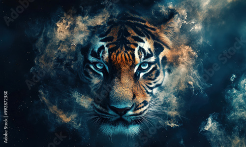 A tiger's face is shown in a blue and orange background