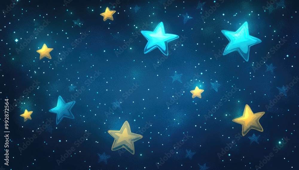Naklejka premium Light blue 2D cartoon cover featuring luminous astronomical stars Vivid illustration with colorful celestial elements ideal for astronomy themed websites