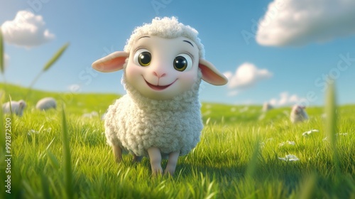 A cheerful cartoon sheep stands in a vibrant green field under a bright blue sky.