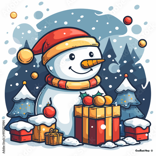 Merry Christmas and Happy New Year greeting card. Vector illustration with a cute cartoon-style snowman