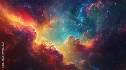 Vivid and imaginative space themed illustration featuring a galaxy gas clouds and a starry expanse in the depths of the universe