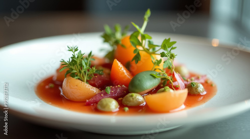 A colorful array of fresh vegetables, including ripe tomatoes and herbs, beautifully arranged on a white plate, showcasing summer's bounty in a restaurant setting