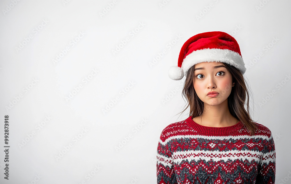 Asian woman, Christmas, skeptical, copy space Asian woman, Christmas, skeptical, copy space