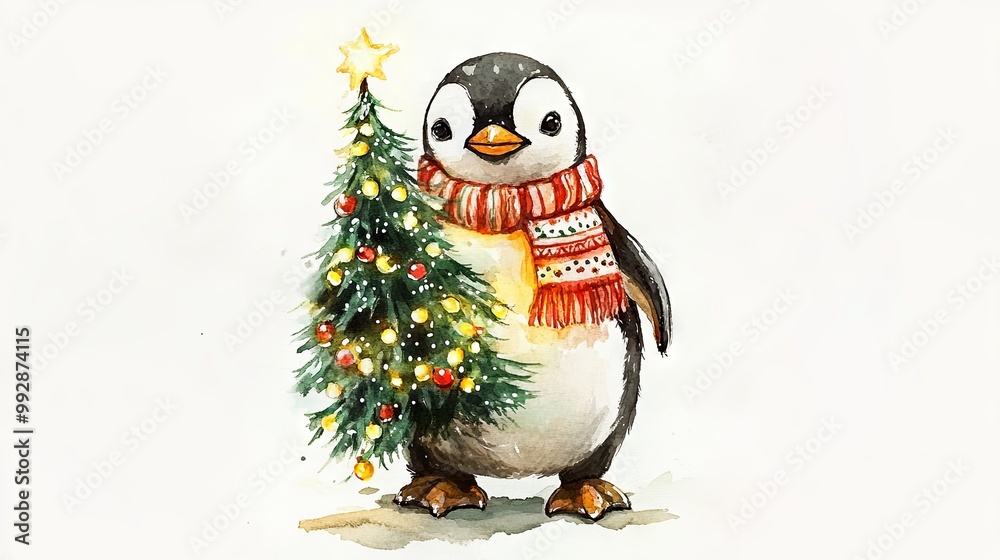 Obraz premium Watercolor illustration of a penguin holding a Christmas tree wrapped in glowing garland