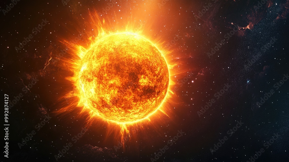 Futuristic art illustration of a sun in a dark space environment created in EPS10 format