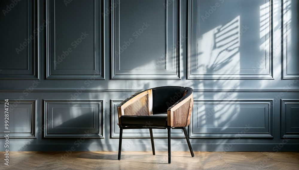 black chair in room interior against classic wall panels. Modern studio mockup with window shadow overlay. Luxury space for premium product. silhouette of a person in a chair black chair in room interior against classic wall panels. Modern studio mockup with window shadow overlay. Luxury space for premium product. silhouette of a person in a chair
