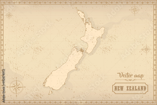 Map of New Zealand in the old style, brown graphics in retro fantasy style.