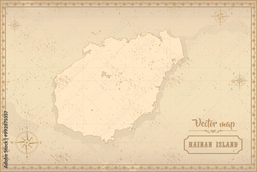 Obraz premium Map of Hainan Island in the old style, brown graphics in retro fantasy style.