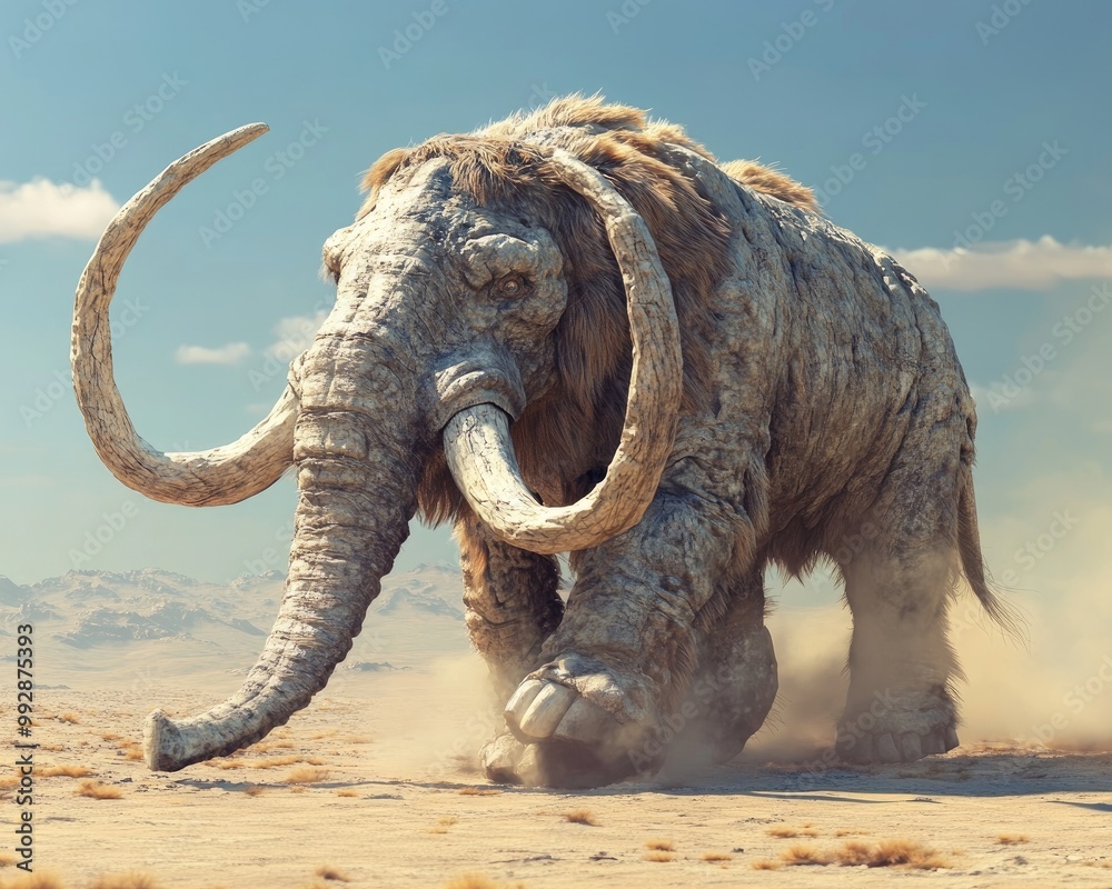 Obraz premium Fantasy colossal mammoth prancing across a dry desert landscape in a striking 3D illustration