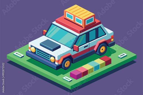 A bright, isometric vehicle design displays various customizable features on a vibrant base, Customizable isometric illustration of a vehicle for sale.