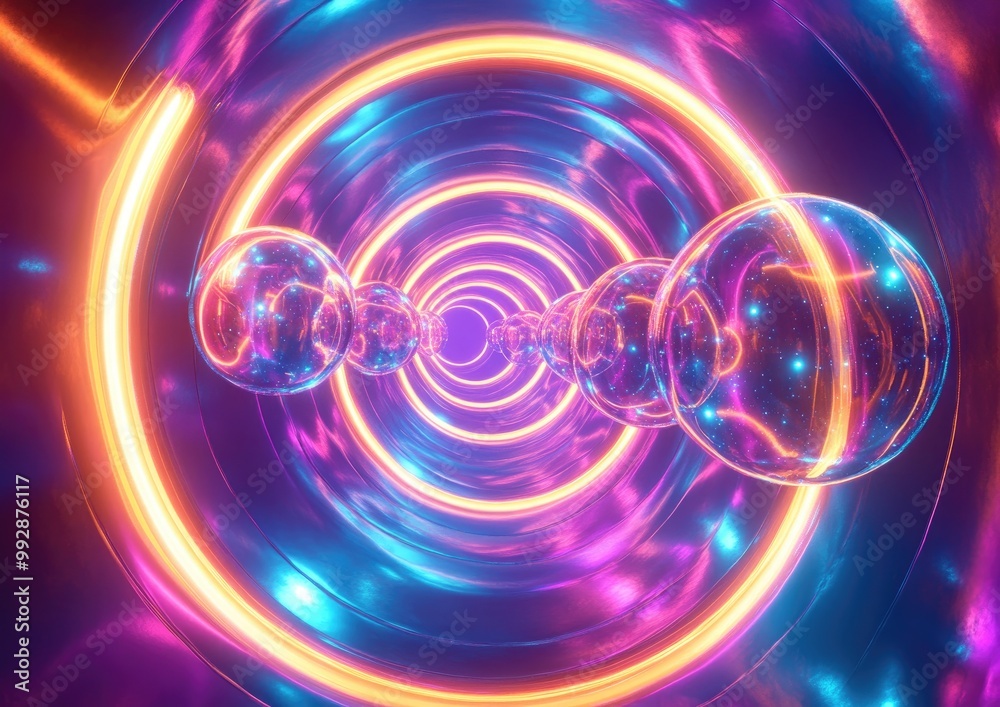 Vibrant neon spheres in a shimmering tunnel featuring glowing rings and a circular frame Striking backdrop for text with an abstract glare showcasing a captivating design of luminous bubbles in 3D