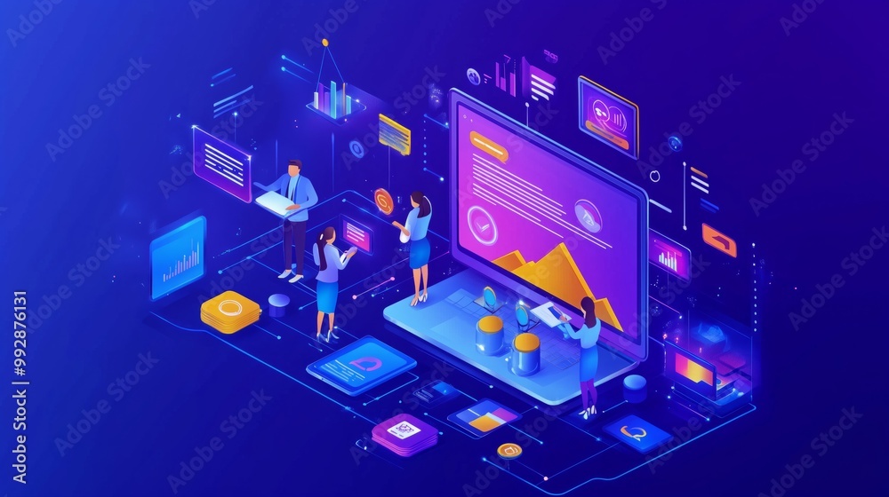 Isometric team of specialists working on digital marketing strategy landing page. Digital marketing, digital technologies concept. Blue violet background. Vector 3d isometric illustration. Isometric team of specialists working on digital marketing strategy landing page. Digital marketing, digital technologies concept. Blue violet background. Vector 3d isometric illustration.