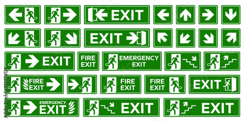 Emergency exit sign set. Man running out fire exit. Running man and exit door sign. Escape help evacuation. Safety vector symbol.