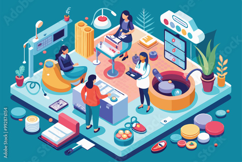 A vibrant workspace where a woman interacts with technology while surrounded by plants and creative tools, Customizable isometric illustration of a woman captain.