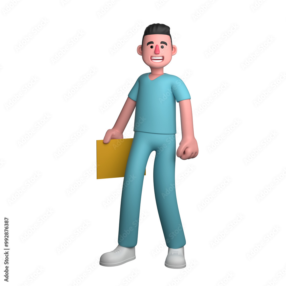 3D Illustration of a Healthcare Expert. A male nurse is standing holding a yellow hard in his right hand. Male Nurse 3D Illustration of a Healthcare Expert. A male nurse is standing holding a yellow hard in his right hand. Male Nurse