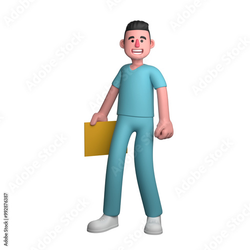 3D Illustration of a Healthcare Expert. A male nurse is standing holding a yellow hard in his right hand. Male Nurse