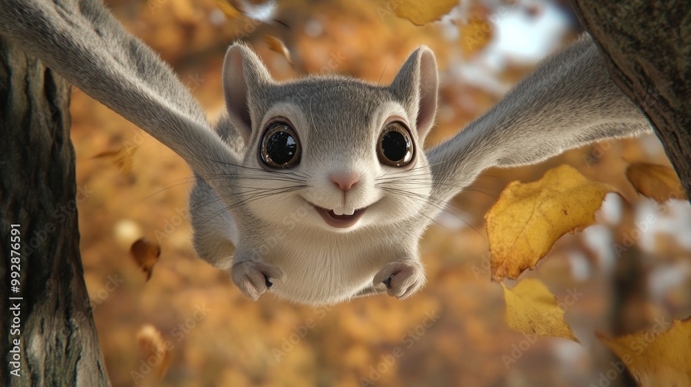 A cheerful cartoon squirrel with large eyes, surrounded by autumn leaves. A cheerful cartoon squirrel with large eyes, surrounded by autumn leaves.