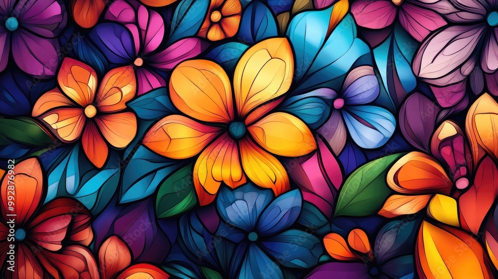 Vibrant floral design reminiscent of stained glass ideal for invitations notebook covers phone cases postcards cards wallpapers and other creative projects Vibrant floral design reminiscent of stained glass ideal for invitations notebook covers phone cases postcards cards wallpapers and other creative projects