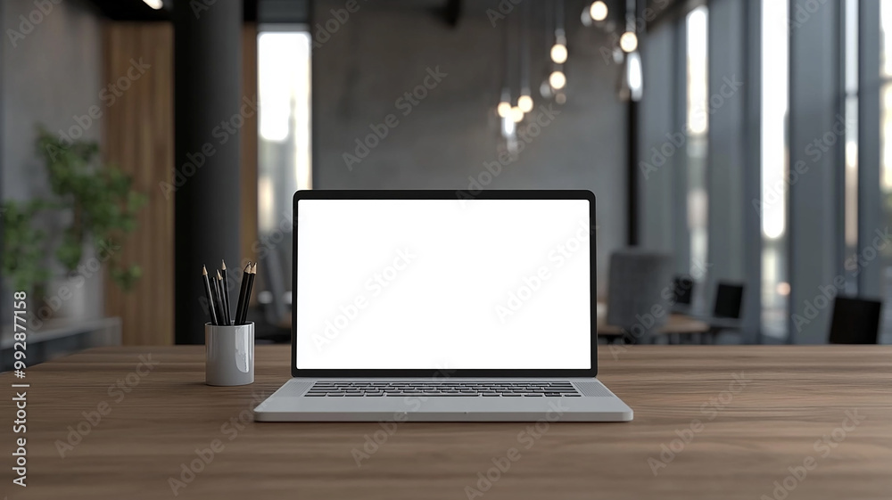 a blank white screen laptop on a wood table a blank white screen laptop on a wood table
