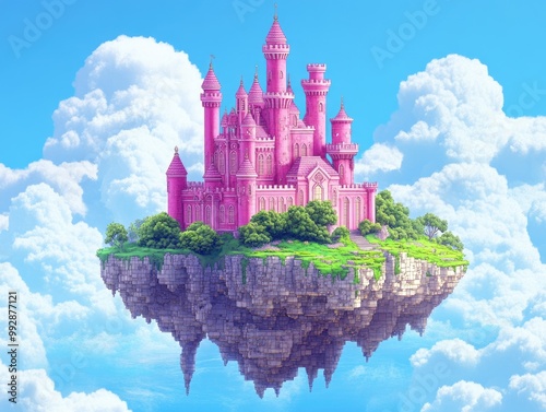 Whimsical pink castle on a floating island in a blue sky filled with fluffy clouds Enchanting summer scenery features a regal palace and floating green patches in a vibrant 2D cartoon style photo