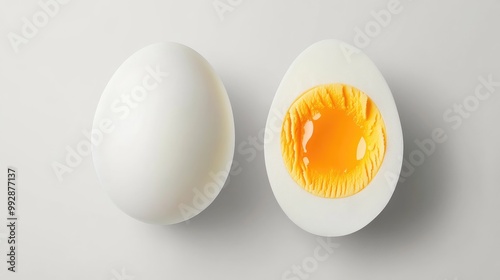 A whole white egg and a halved boiled egg with a bright yellow yolk on a white surface.