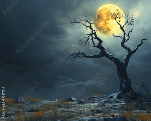 Spooky Halloween ambiance featuring a full moon and a barren tree photo