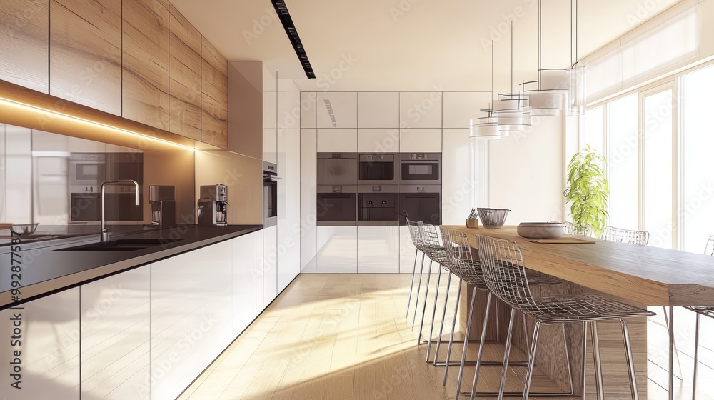Modern kitchen with sleek design, natural light, and wooden dining table. Modern kitchen with sleek design, natural light, and wooden dining table.