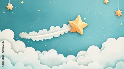 Whimsical cartoon illustration featuring a shooting star amidst clouds with charming decorative elements photo