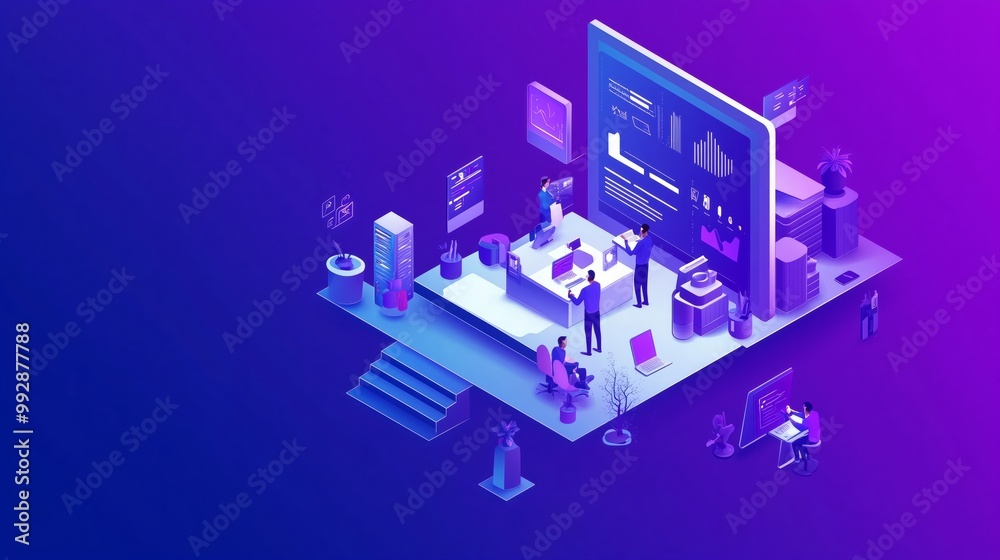 Isometric team of specialists working on digital marketing strategy landing page. Digital marketing, digital technologies concept. Blue violet background. Vector 3d isometric illustration. Isometric team of specialists working on digital marketing strategy landing page. Digital marketing, digital technologies concept. Blue violet background. Vector 3d isometric illustration.