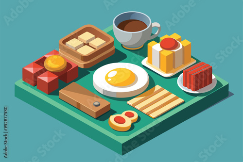 A colorful array of breakfast items including eggs, pastries, and a cup of coffee arranged neatly, Customizable isometric illustration of an English breakfast.